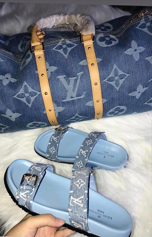 LV DUFFLE BAG AND SLIDE SET